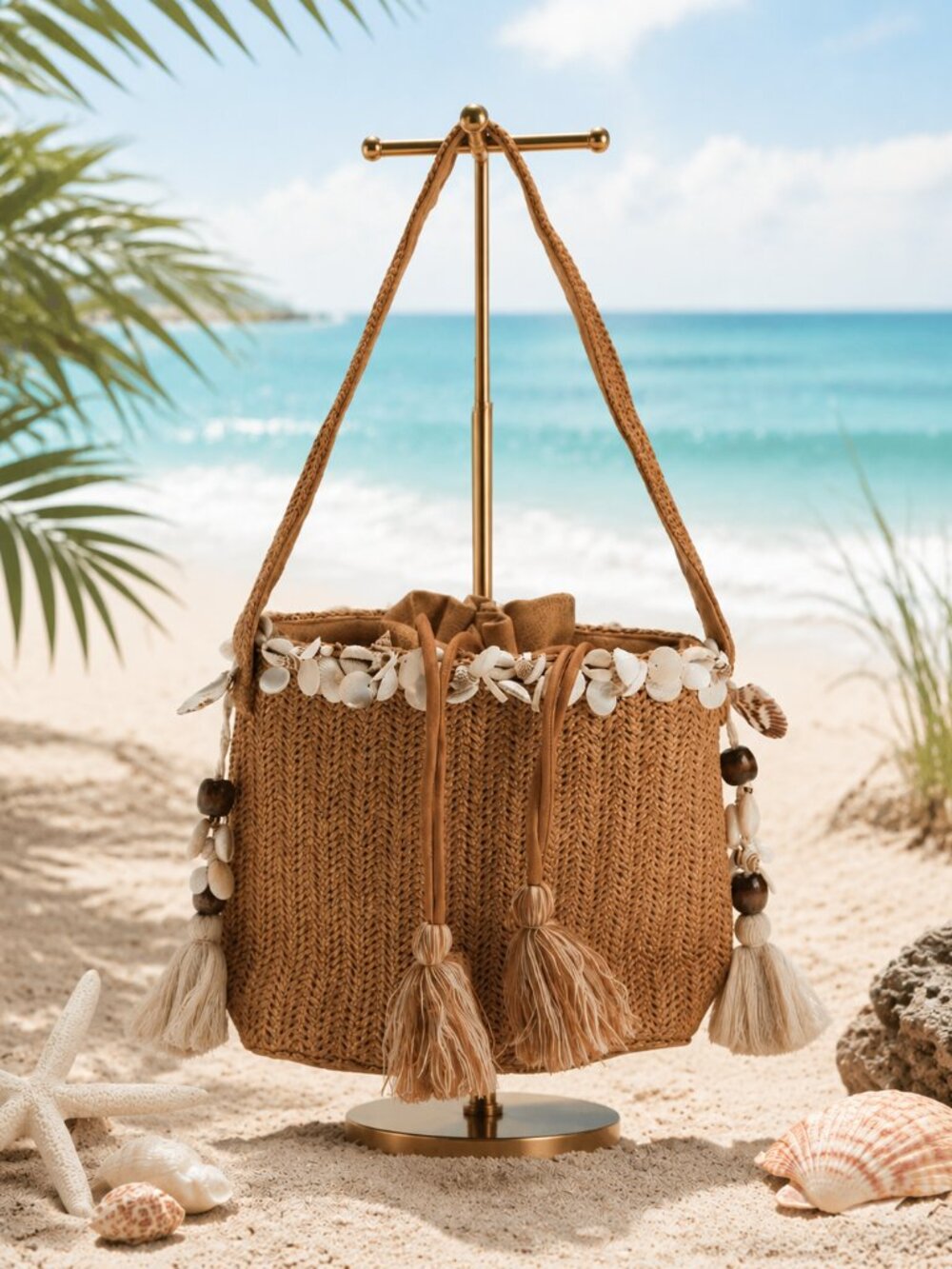 NWT America & Beyond Raffia Reef Seashell Bucket Bag